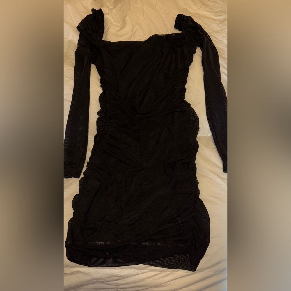 Princess Polly Black Body-Con Mini Dress with Ruched Texture and Puff Sleeves